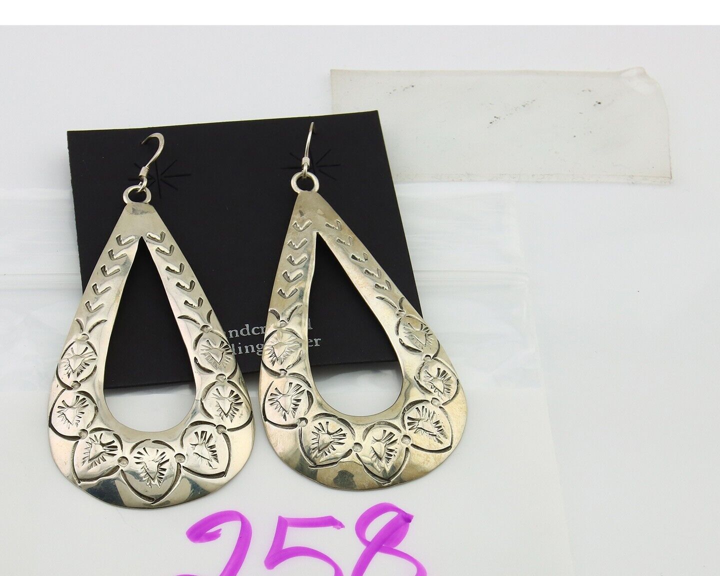 Navajo Dangle Earrings 925 Silver Hand Stamped Native American Artist C.80's