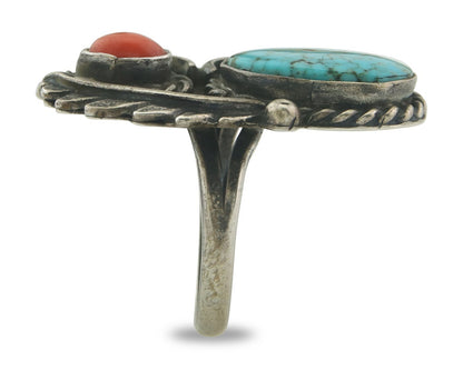Navajo Ring 925 Sterling Turquoise & Coral Native Artist C.80's Size 7.5