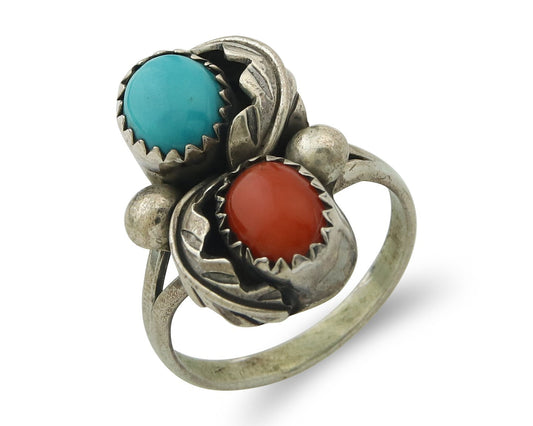 Vintage Navajo Ring 925 Sterling Silver Authentic Turquoise & Coral Size 5.5