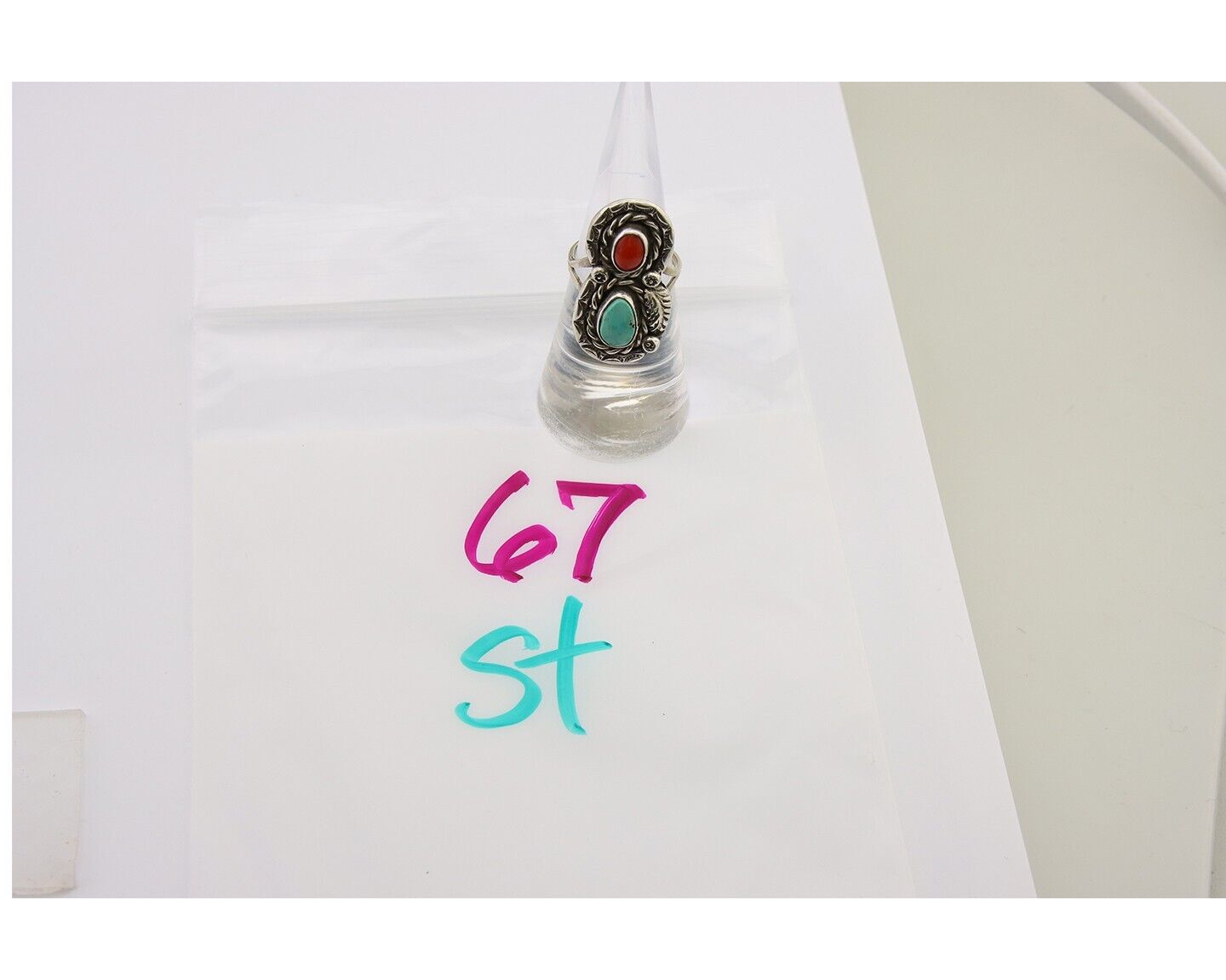 Navajo Ring 925 Silver Turquoise & Coral Native American Artist C.80's