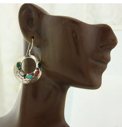 Navajo Dangle Earrings Sterling Silver Natural Gemstones Vintage Handmade