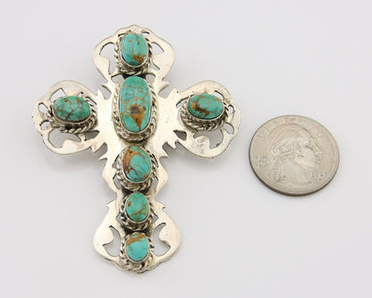 Navajo Pin Pendant 925 Silver Natural Spiderweb Turquoise Artist Signed Sun Set