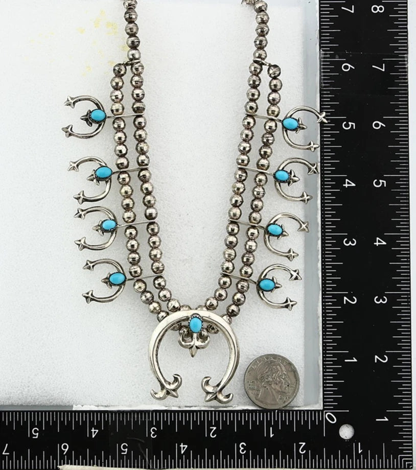 Navajo Squash Necklace Earring Set Sterling Silver Turquoise Vintage C.80's