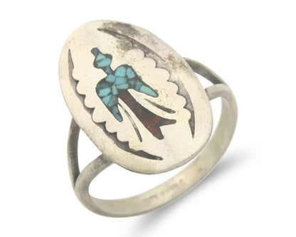 Navajo Ring 925 Sterling Natural Chip Inlay Coral & Turquoise C.80's Size 8.0