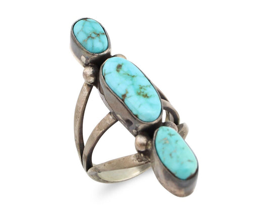 Navajo 3 Stone Ring 925 Silver Morenci Turquoise Native American Artist C.80's