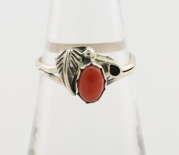 Navajo Handmade Ring 925 Silver Natural Coral Native Artist Size 7.0 C.80's