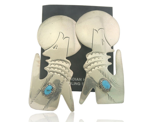 Navajo Earrings 925 Silver Natural Turquoise Natural Artist Signed TH C.80's