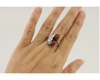 Navajo Handmade Ring 925 Silver Natural Mediterranean Coral Signed 88 C.80's