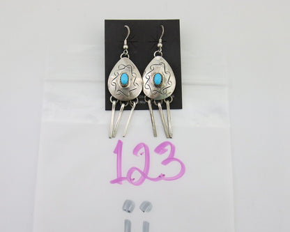 Navajo Dangle Earrings 925 Silver Natural Turquoise Artist Signed Tom C.80's