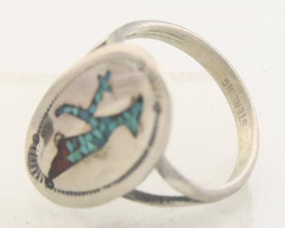 Navajo Ring 925 Sterling Natural Chip Inlay Coral & Turquoise C.80's Size 6.0