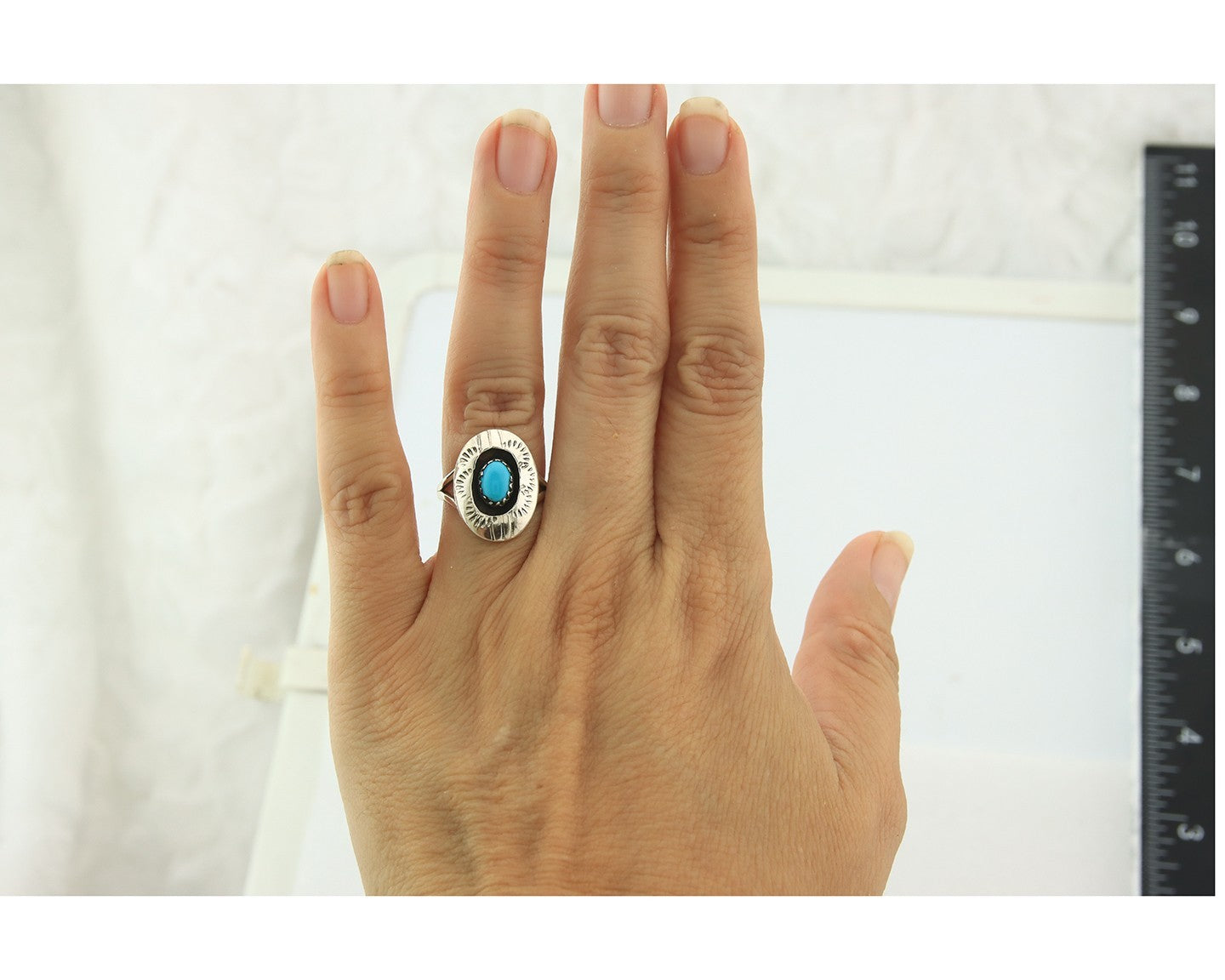 Navajo Ring Sterling Silver Blue Turquoise Vintage Signed JC Size 5.25