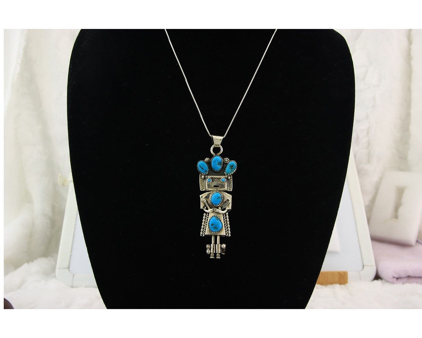 Navajo Kachina Necklace Sterling Silver Natural Turquoise Vintage Signed