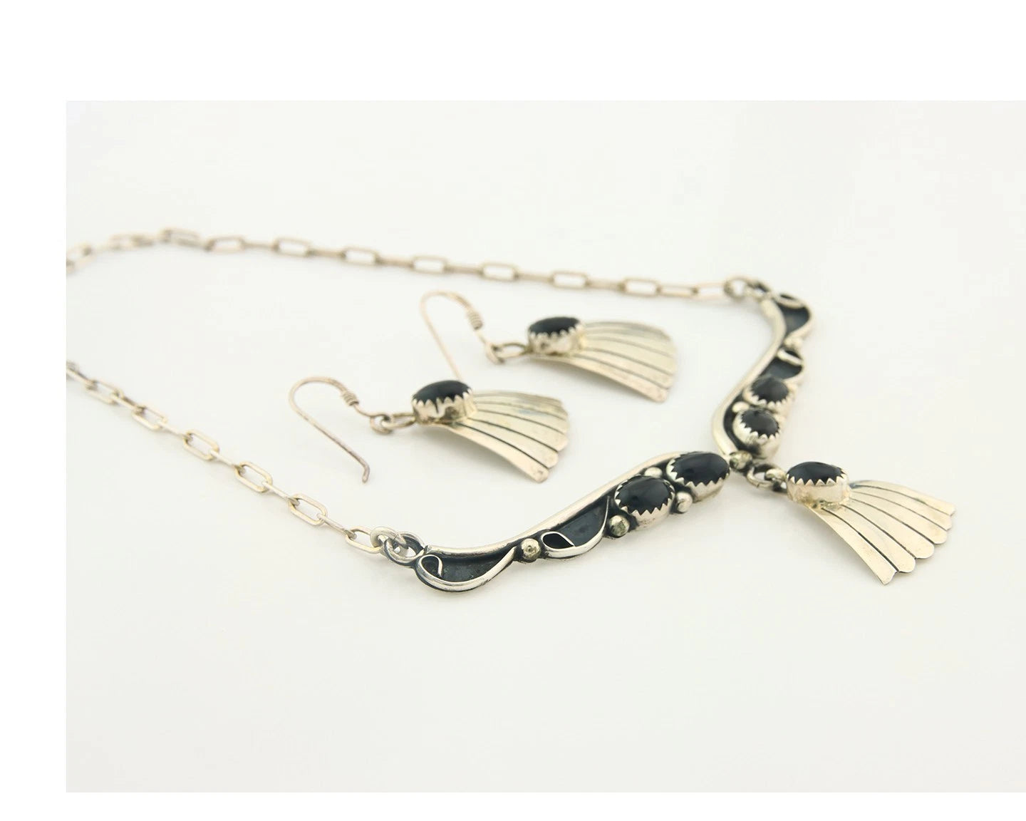Navajo Necklace Earring Set Sterling Silver Onyx Vintage Native Artist