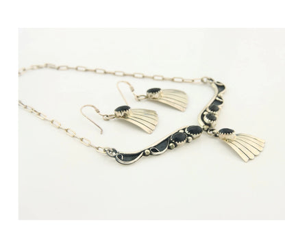 Navajo Necklace Earring Set Sterling Silver Onyx Vintage Native Artist