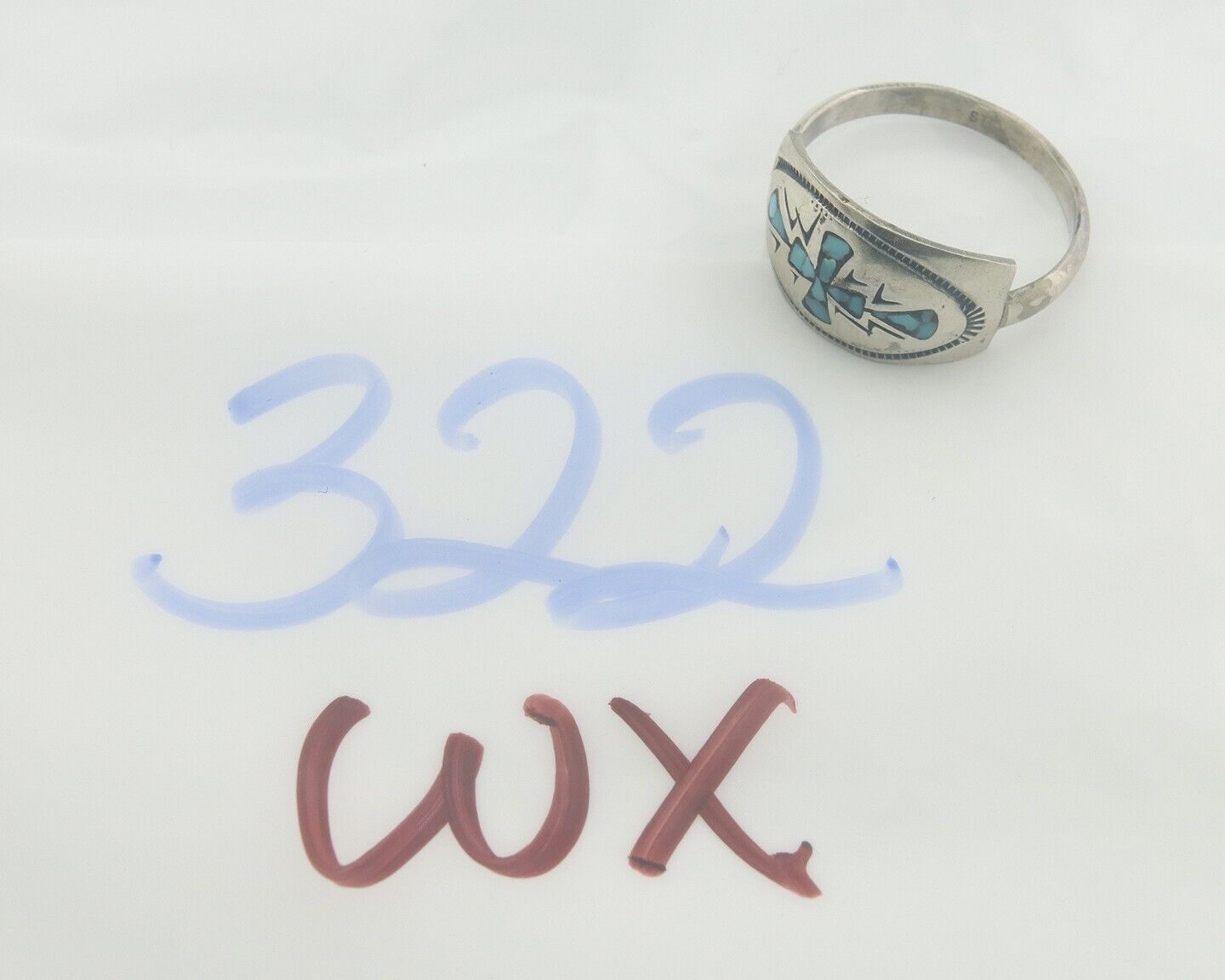 Navajo Ring 925 Sterling Natural Chip Inlay Blue Turquoise C.80's Size 9.0
