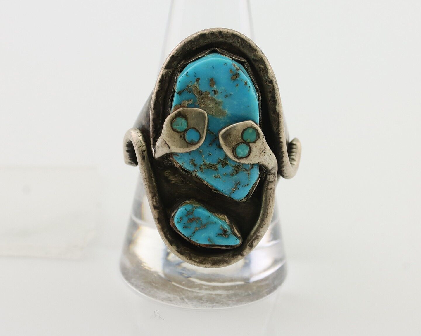 Mens Heavy Zuni Snake Ring 925 Silver Turquoise Signed EFFIE CALAVASA C.80's