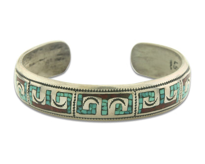 Navajo Bracelet 925 Silver Inlaid Coral Turquoise Cuff Artist Signed LB C.80's