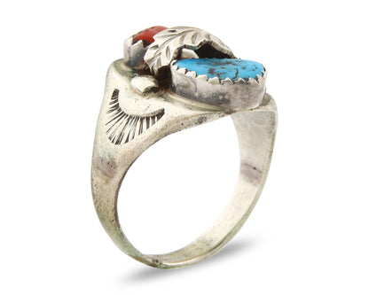 Navajo Ring 925 Sterling Turquoise & Coral Native Artist C.80's Size 6.75