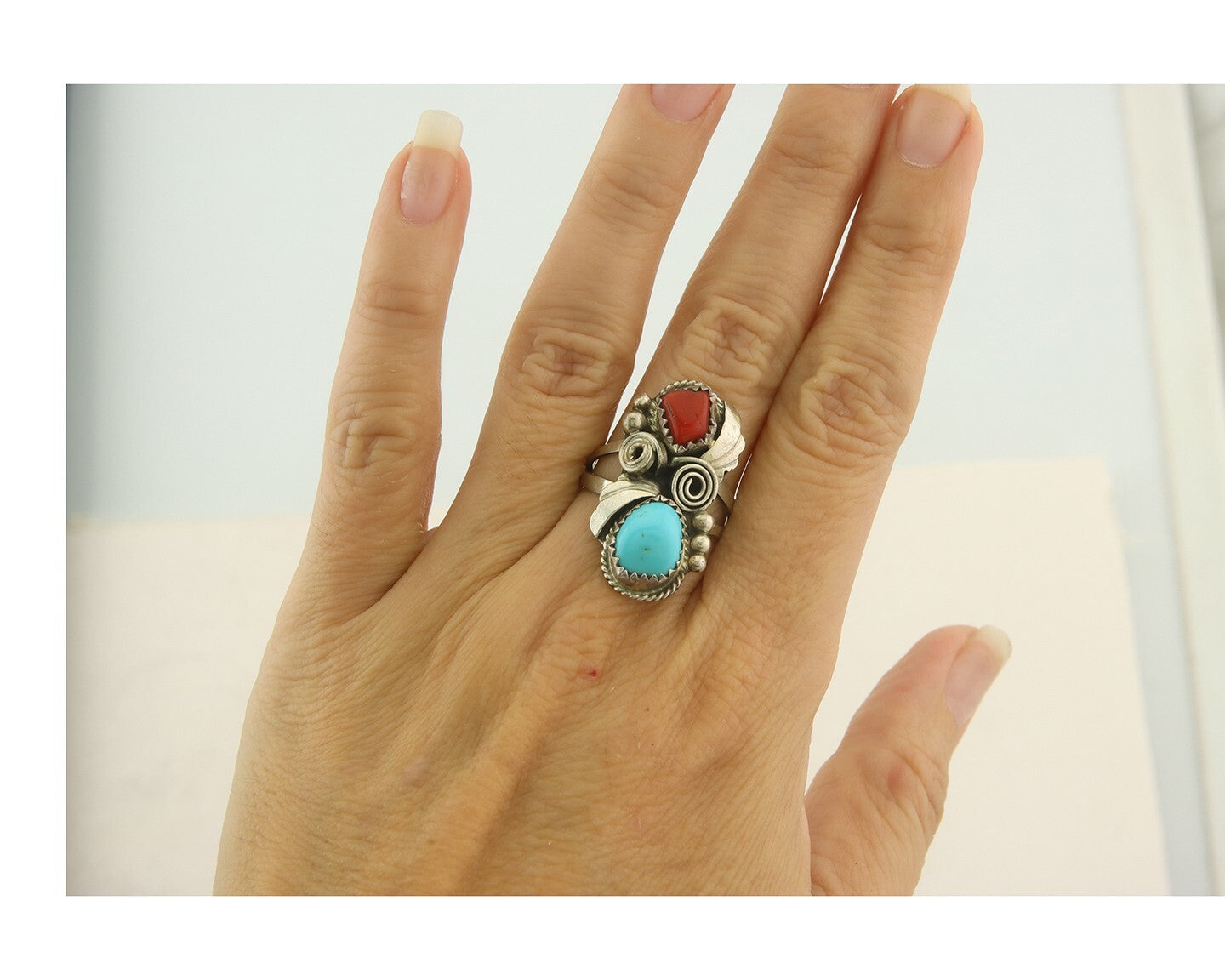 Vintage Navajo Ring 925 Sterling Natural Gemstones Signed Justin Morris Sz 7.5