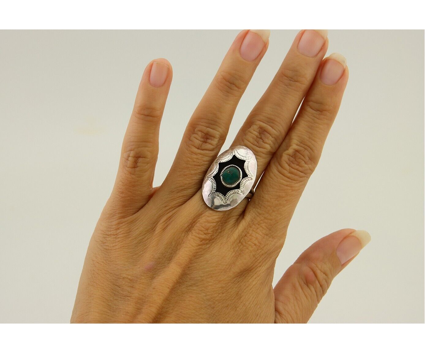Navajo Hand Stamped Ring 925 Silver Natural Turquoise Native Artist C.80's