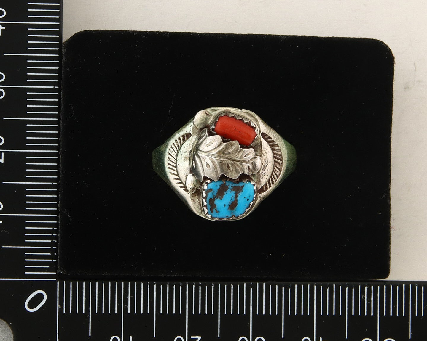 Navajo Ring 925 Sterling Turquoise & Coral Native Artist C.80's Size 10.75