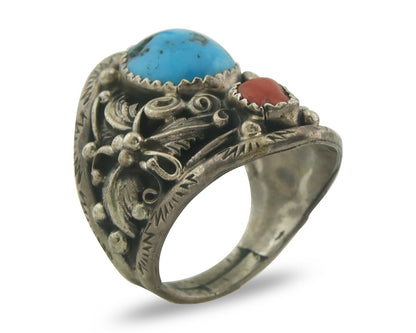 Navajo Ring 925 Sterling Natural Coral & Turquoise Native Artist C.80's Size 9.0