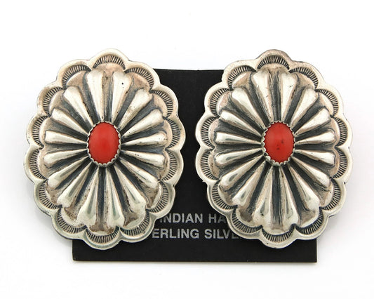Navajo Concho Earrings Sterling Silver Coral Vintage Native Artist