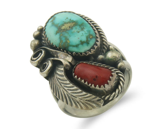 Navajo Ring 925 Sterling Natural Coral & Turquoise Signed JM C.80's Size 8.5