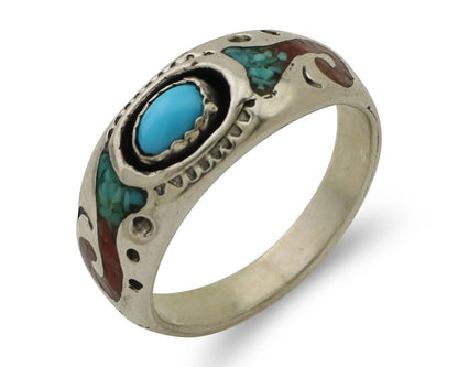 Navajo Ring 925 Silver Turquoise & Coral Natural American Artist C.80's