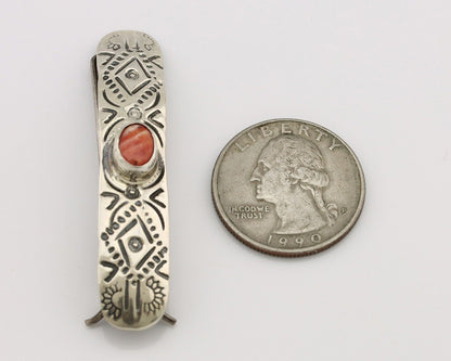 Women Navajo Hair Clip Barrette 925 Silver White Red Spiney Oyster Native Artist