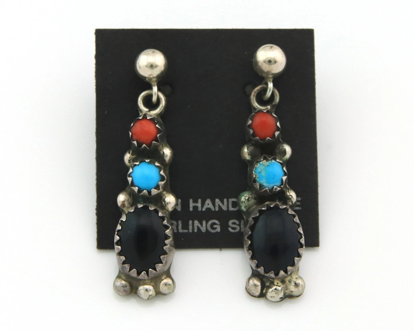 Navajo Dangle Earrings Sterling Silver Natural Gemstones Vintage Handmade