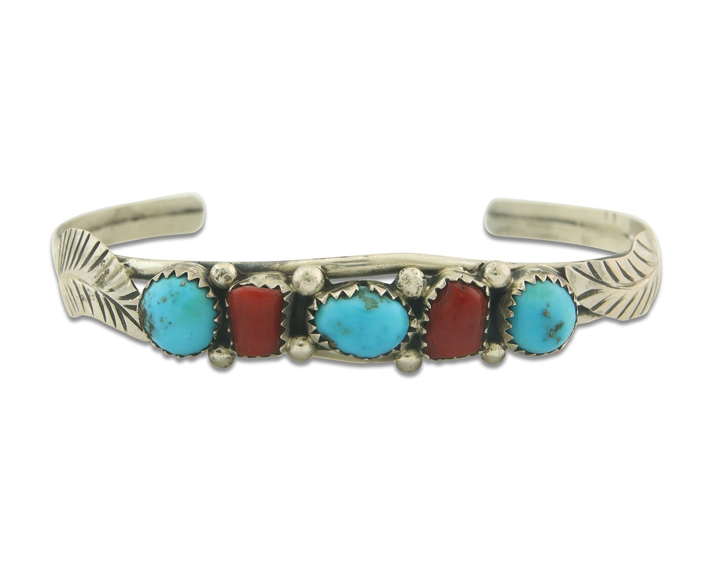 Navajo Bracelet 925 Silver Coral & Turquoise Cuff Signed D C.80's