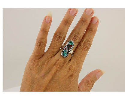 Navajo Ring 925 Silver Chip Inlay Turquoise & Coral Native Artist C.80's