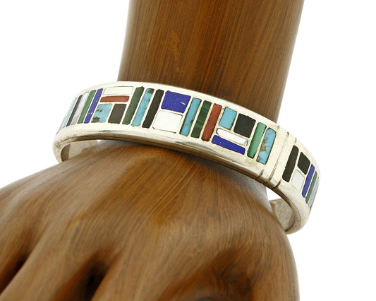 Early Artist David Freeland Inlaid Natural Gemstone .925 SOLID Silver Cuff