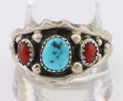 Navajo Ring 925 Silver Coral Turquoise Artist Signed SC C.80's