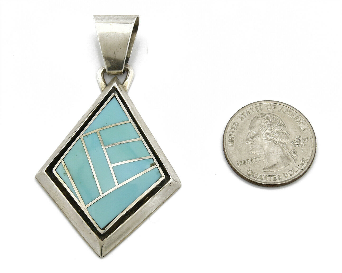 Navajo C. 1980's Inlaid Raised Shadowbox .925 Silver Turquoise Pendant