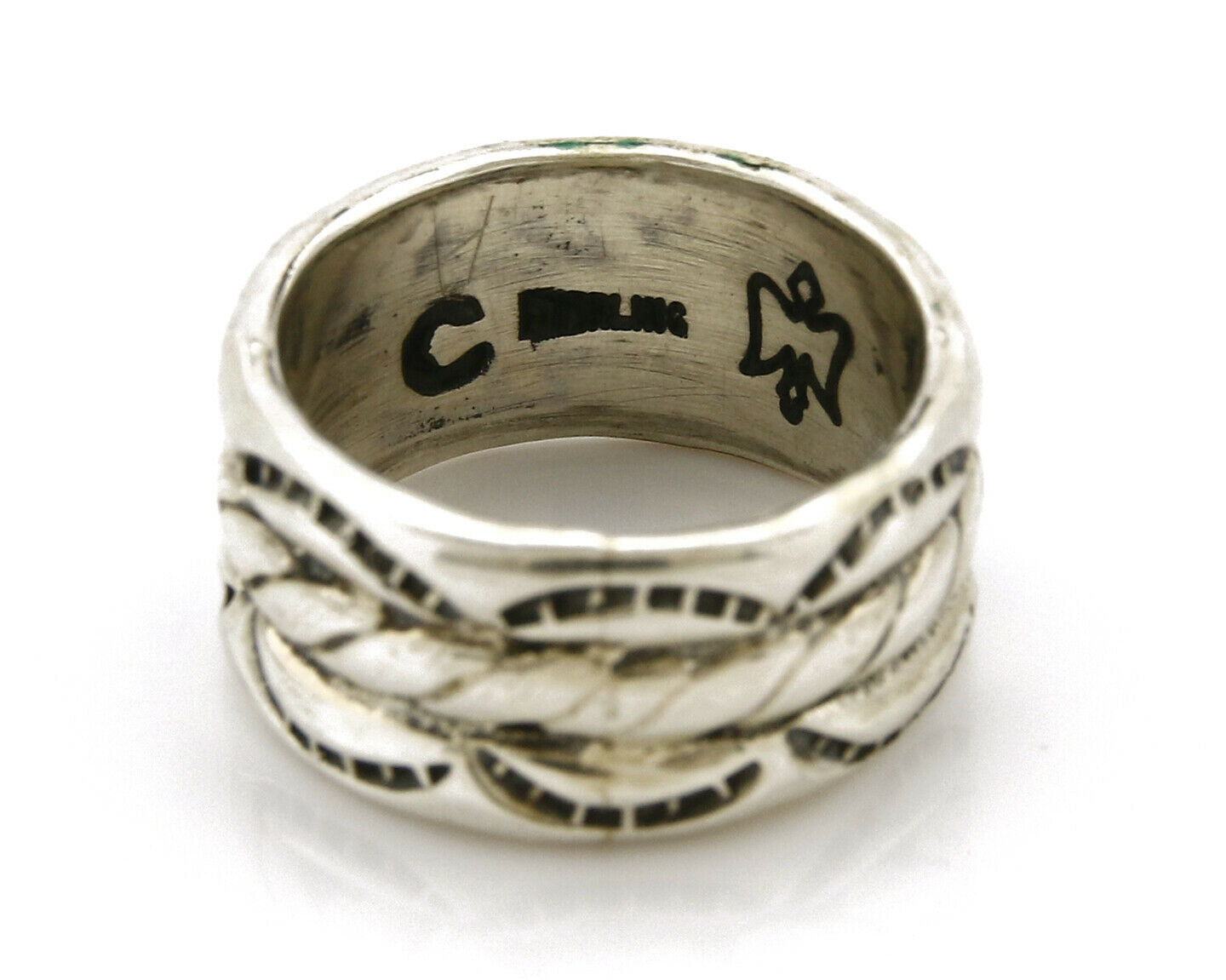 Navajo Ring .925 Silver Handmade Hand Stamped 3 Row Rope Band C.1980's Size 5.25