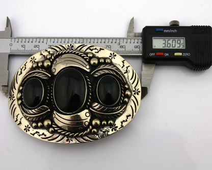 Navajo Handmade Belt Buckle .999 Nickle Silver Onyx Artist Signed Tipi C.80's