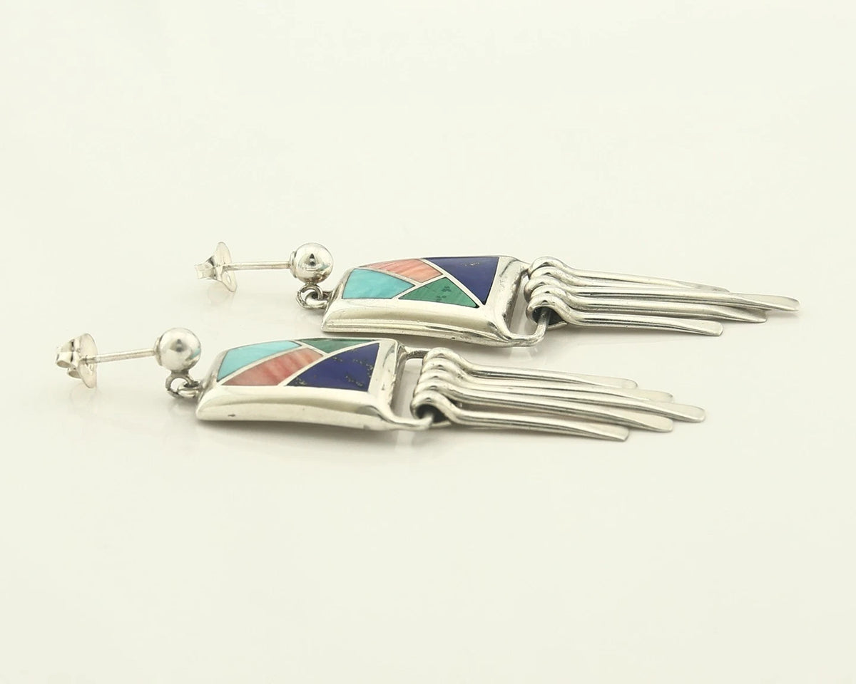 Navajo Earrings 925 Sterling Silver Natural Gemstones Signed Teme C.80's