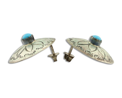 Navajo Earrings 925 Silver Blue Turquoise Signed Ray Nez C.80's