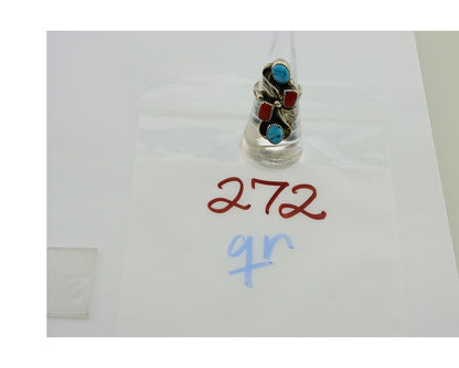 Navajo Handmade Ring 925 Silver Coral & Turquoise Native Artist C.80's
