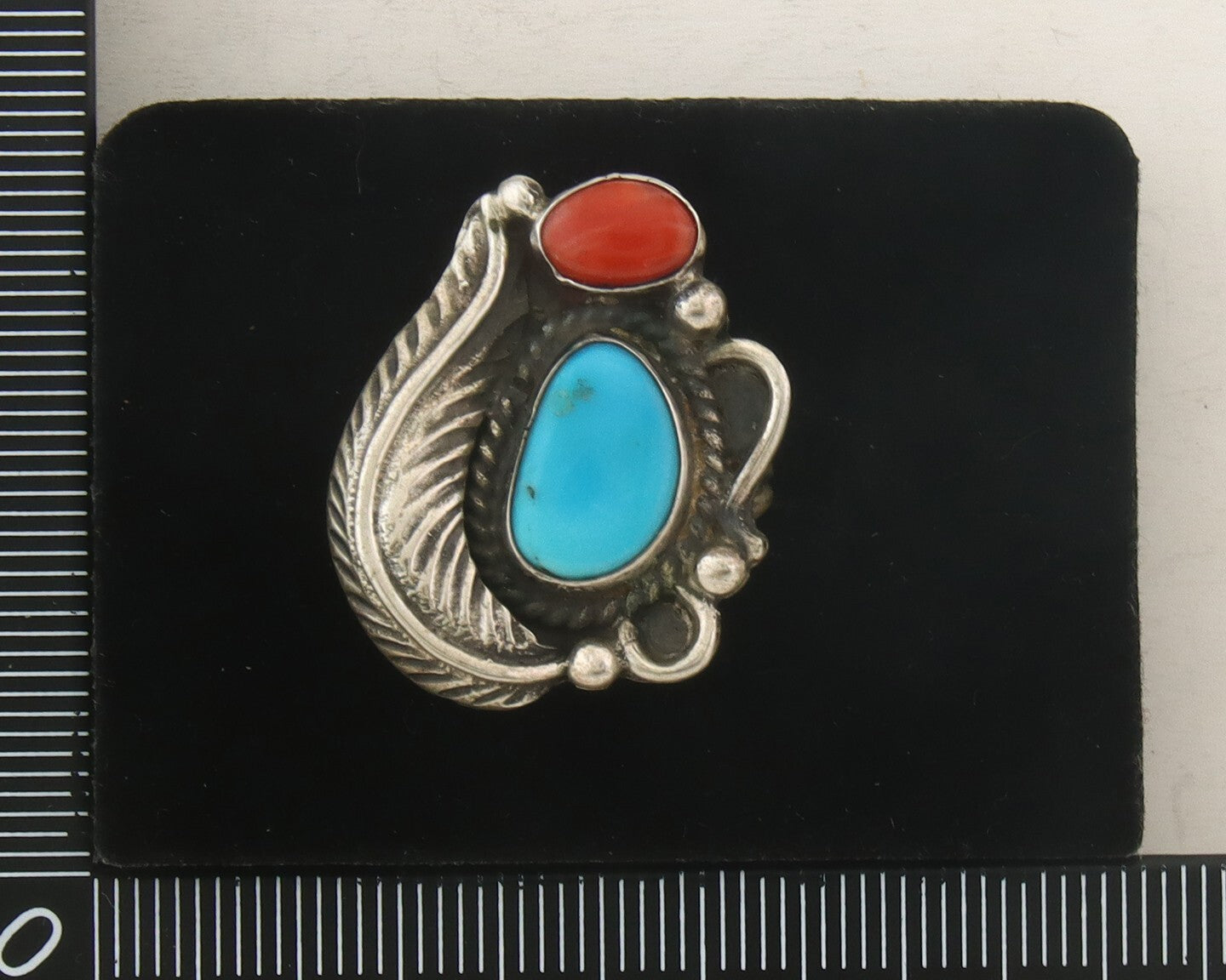 Navajo Ring 925 Sterling Natural Coral & Turquoise Native Artist C.80's Sz 6.0