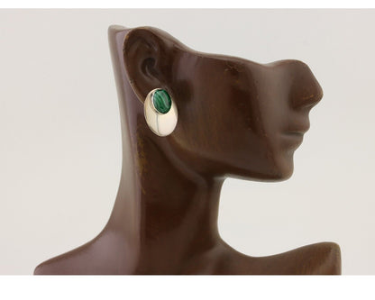 Navajo Shield Earrings 925 Silver Natural Malachite Signed Ella Peters C.80's