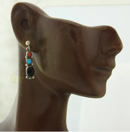 Navajo Dangle Earrings Sterling Silver Natural Gemstones Vintage Handmade
