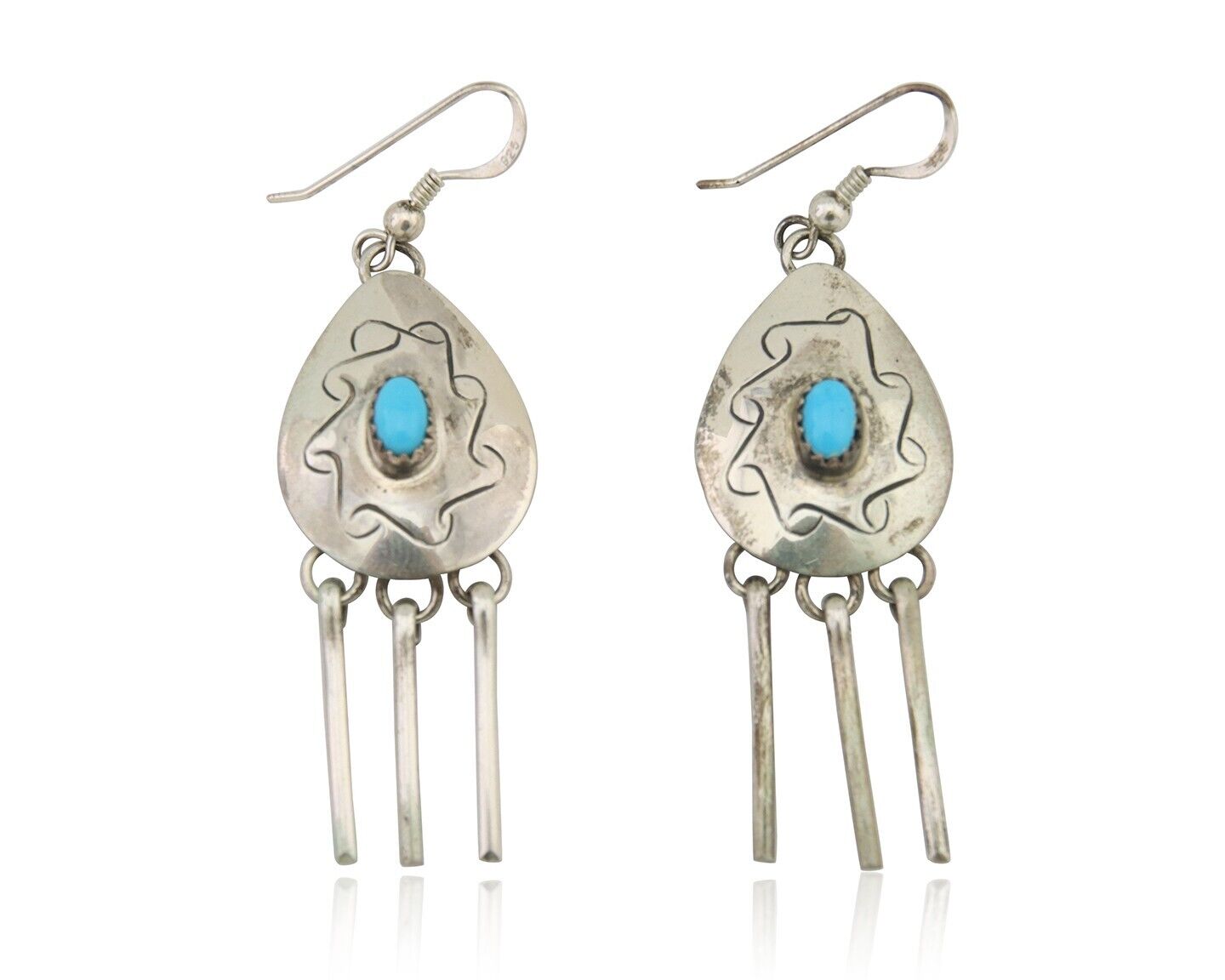 Navajo Dangle Earrings 925 Silver Natural Turquoise Artist Signed Tom C.80's