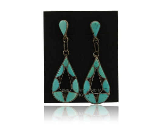 Zuni Dangle Earrings 925 Silver Natural Turquoise Native American Artist C.80's