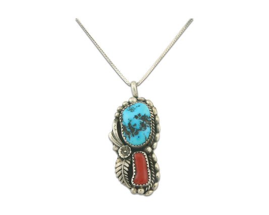 Vintage Navajo Necklace 925 Silver Turquoise & Coral Artist Signed SC