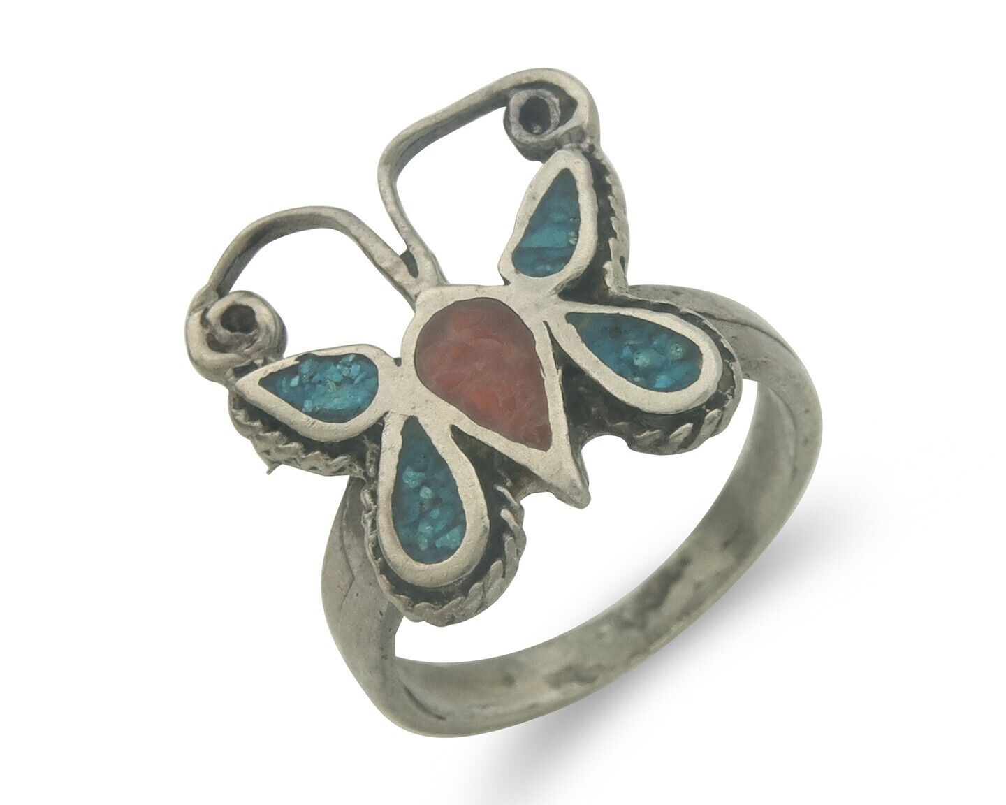 Navajo Ring 925 Silver Inlaid Butterfly Turquoise & Coral C.80's Size 5.5