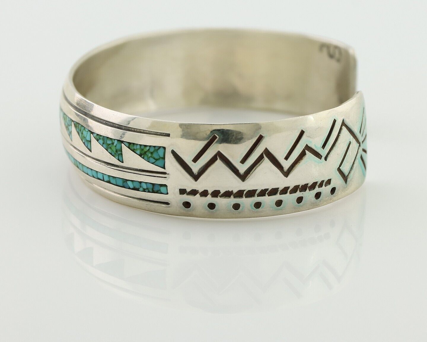 Navajo Inlay Bracelet 925 Silver Kingman Turquoise Signed Stanley Bain C.80's