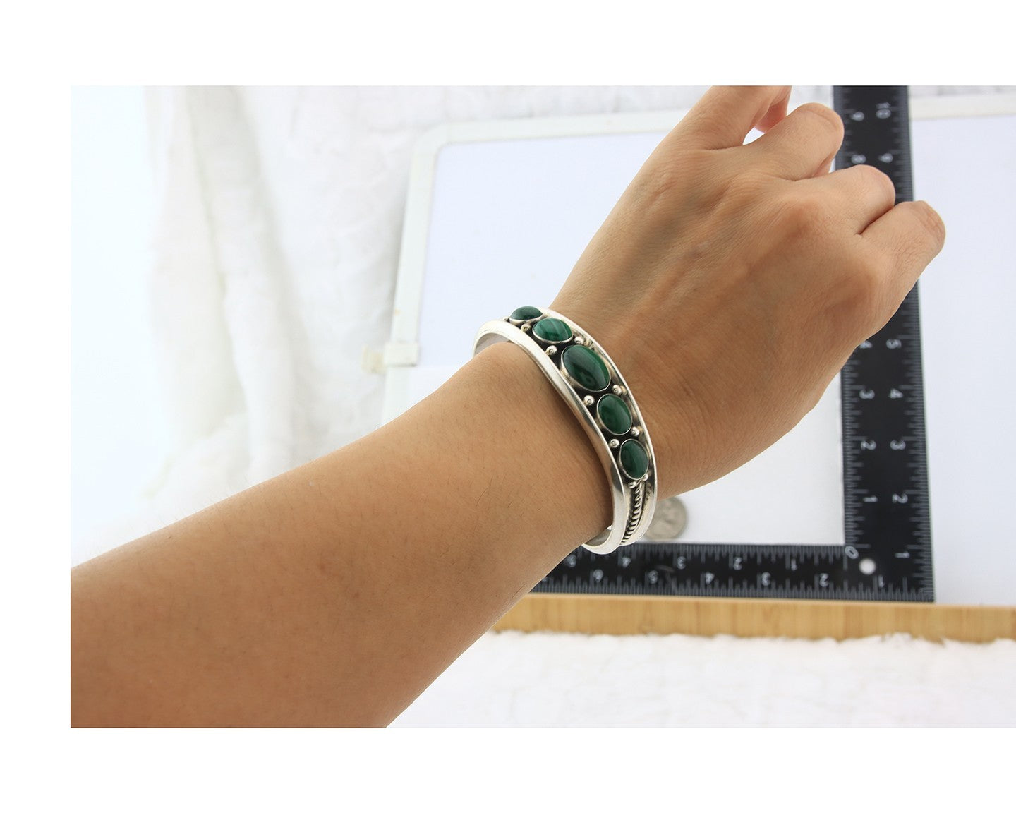 Navajo Cuff Bracelet Sterling Silver Natural Malachite Vintage Signed R Long Sr